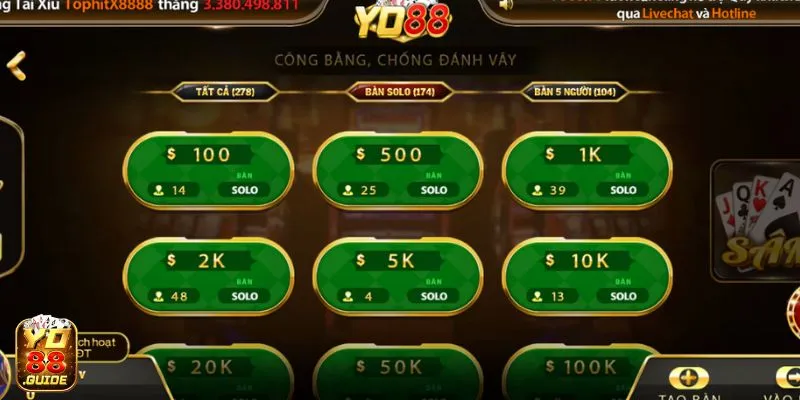 Các bàn chơi đa dạng tại game Sâm Lốc của Yo 88 