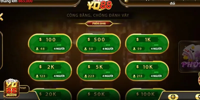 Phỏm tại Yo88 có đa dạng các mức tiền cược 